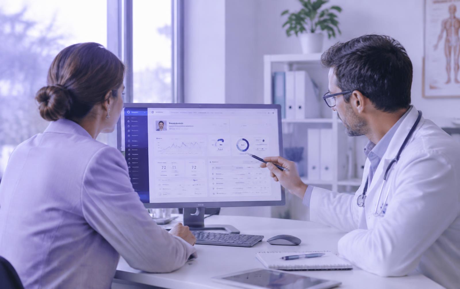 Beraterin und Arzt besprechen das Nalamed-Dashboard an einem Bildschirm